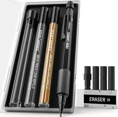 Zdjęcie produktu dla Zestaw ołówków mechanicznych z etui, metalowy, wytrzymały, do użytku zewnętrznego, 24 wkłady, gumka, 6 wkładów