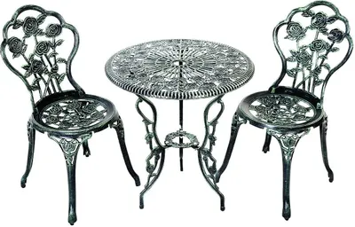 A three-piece bistro set consisting of a round table and two chairs, all made of ornate metal with a rose motif.