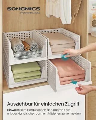 Produktbild von SONGMICS Schrank-Organizer klappbar, Kleiderschrank-Organizer stapelbar, ausziehbarer Korb 4er Set, Aufbewahrung und Organisation, Kunststoff
