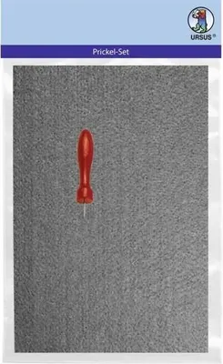 A single red prickle tool on a gray textured background, within packaging.
