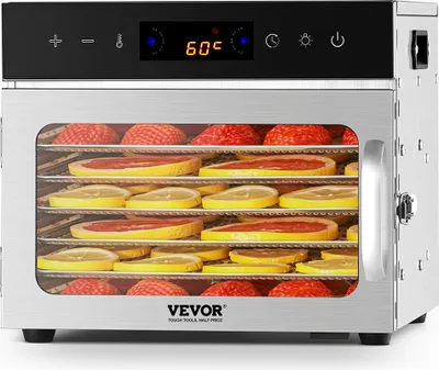 A VEVOR food dehydrator filled with sliced fruits is shown against a white background.