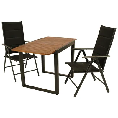 A three-piece outdoor furniture set consisting of a table and two chairs, presented against a plain white background.