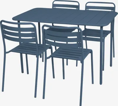 A blue metal garden table and four chairs set.