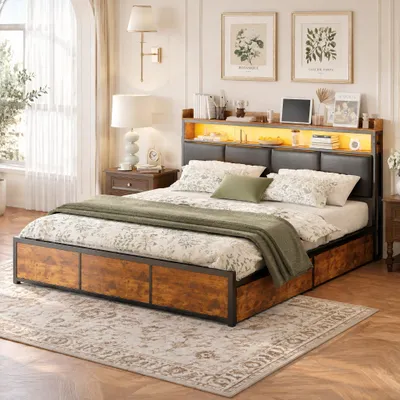 Produktbild von INONEFT Metallbett 180x200 cm mit LED Beleuchtung, Doppelbett mit 4 Schubladen, Bettgestell mit Kopfteil und Lattenrost, Ohne Matratze, PolyurethanSchwarz
