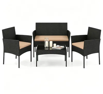 Produktbild von KOMFOTTEU 4-teiliges Gartenmöbel-Set, Glastisch mit 2 Stühlen und 1 Bank, Outdoor Rattan Sitzgruppe mit Metallrahmen, weichen Kissen, Terrassenmöbel, Balkonmöbel, Sitzgarnitur für Balkon, Garten, Pool