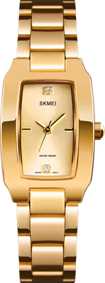 A close-up studio shot of a gold-colored women's wristwatch against a white background.