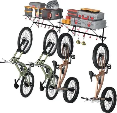 Image de Support à vélos - pour 4 vélos, fixation murale avec 2 étagères, 160 cm, capacité de charge jusqu'à 226,8 kg, réglable