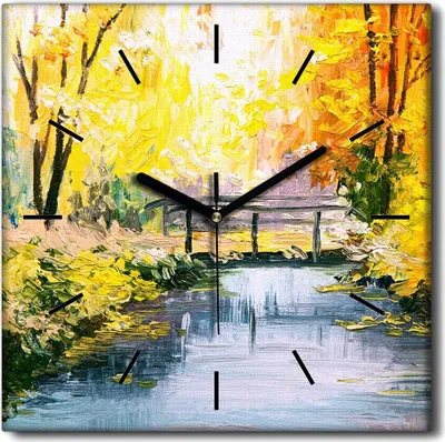 Produktbild von Coloray Uhr auf Leinwand 30x30 cm Wand Uhr Dekoration Wohnzimmer Segeltuch schwarze Hände -Herbstwaldlandschaft.