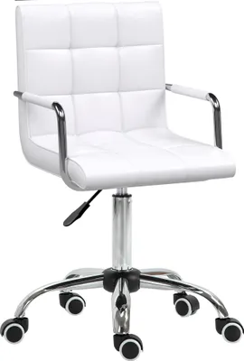 Zdjęcie produktu dla Krzesło biurowe HOMCOM Home Office, krzesło biurowe ze sztucznej skóry, regulowane pod względem wysokości, obrotowe, do makijażu, o nośności do 120 kg, do gabinetu, sypialni, białe
