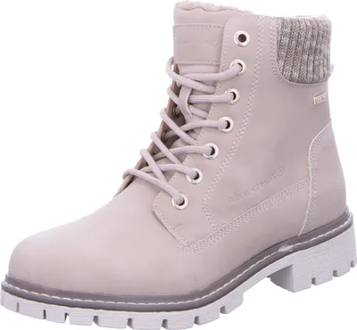A single beige boot with laces and a knitted cuff is shown against a white background.