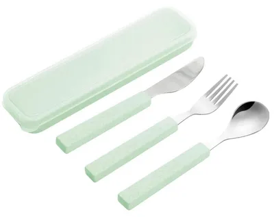 Immagine prodotto di Set di posate per bambini, 3 pezzi, in acciaio inossidabile 18/10, con custodia da viaggio verde