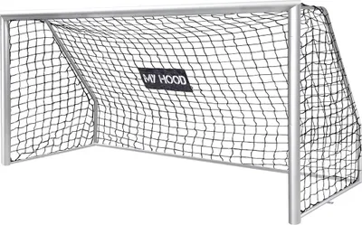 A soccer goal with a black net and silver frame, shown from a front-side angle against a white background.