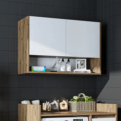 Image de Armoire de rangement pour lave-linge Roomart, 100 cm de large, chêne blanc