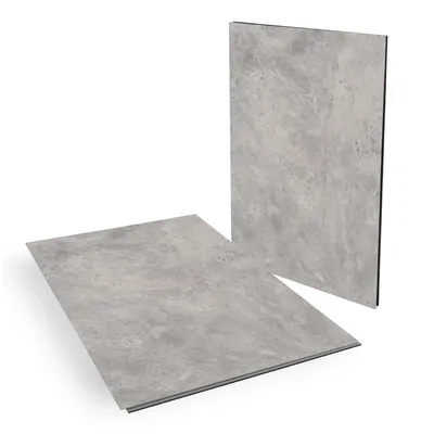 Two vinyl flooring tiles are shown, one lying flat and the other standing upright.