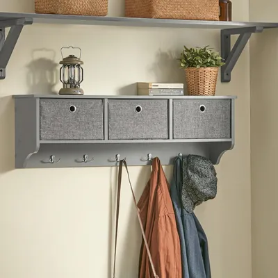 Zdjęcie produktu dla FRG282 Wieszak ścienny z 3 koszami i 5 haczykami, ok. 100×30×20 cm, jasnoszary