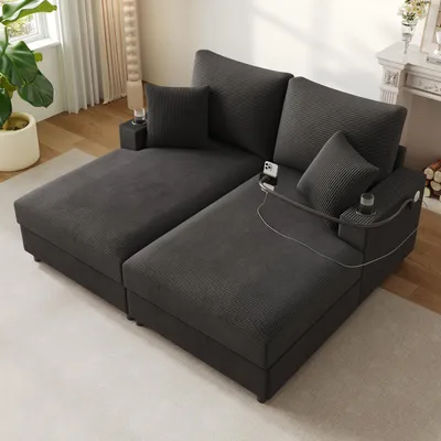 Image de OKWISH Canapé-Lit Méridienne 2 Places, Rembourré en Velours Côtelé avec Ports USB, Porte-Gobelets et Support Téléphone - Gris
