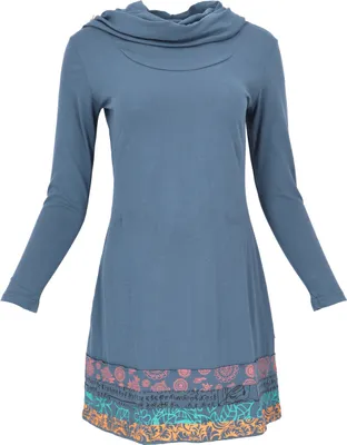 Produktbild von Boho Patchwork Minikleid mit Schalkragen - Taubenblau, Damen, Baumwolle(Bio), Größe: S