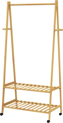 Image de CASARIA® Portant à vêtements en bambou avec roulettes Porte-manteaux avec 2 étagères 4 crochets Rangement mobile 155x70x45cm