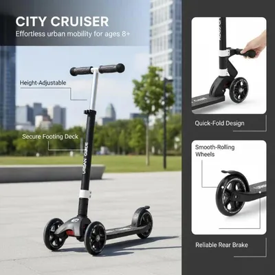 Immagine prodotto di Monopattino a due ruote – Scooter per adulti e adolescenti – Pieghevole – Manubrio regolabile in altezza – Portata massima 100 kg – Leggero – Pedana antiscivolo – Colore: nero