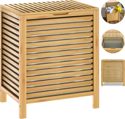 Image de Panier à linge en bambou naturel avec couvercle Corbeille en bois avec sac 62 L Rangement vêtements