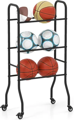 Produktbild von COSTWAY 3-stufiges Ballständer, Ball Organizer mit Rollen & 4 Universalrollen, Basketball Regal, Sportsgeräteregal für 6 Bälle Kapazität, Ballwagen