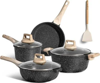 Image de Batterie de cuisine à induction 8 pièces avec revêtement antiadhésif et couvercles pour wok, poêle à frire, poêle, casserole, toutes les plaques de cuisson