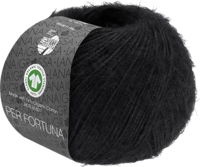 A ball of black yarn with a label wrapped around it.