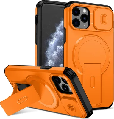 Obrázek produktu pro Magnetické pouzdro pro iPhone 11 Pro, dvouvrstvé odolné pouzdro s posuvnou ochranou fotoaparátu a nastavitelným stojánkem Oranžová