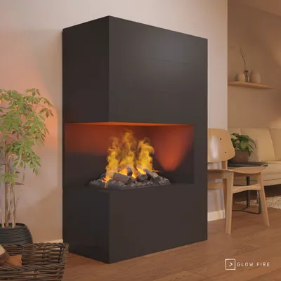 Produktbild von GLOW FIRE Elektrokamin 'Tucholsky Left Corner' | Wasserdampf Kamin mit OMC 500 inkl. Holz in schwarz als Raumteiler | HxBxT: 140x90x45 cm