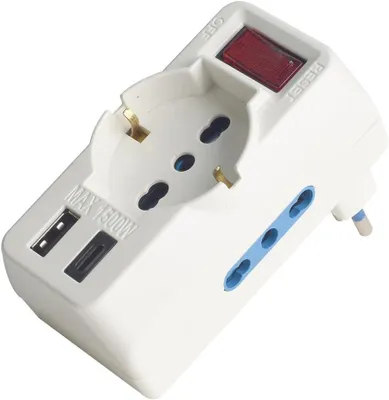 Produktbild von Mehrfachsteckdosenadapter, klein, 10 A, bis 90° – 2 Zweiwege-Steckdosen, 10 A/16 A + 1 Universalsteckdose