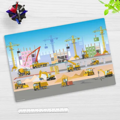 Produktbild von Schreibtischunterlage für Kinder – Baustelle mit vielen Fahrzeugen Bagger und Kran – 60 x 40 cm – aus Premium Vinyl -  Germany