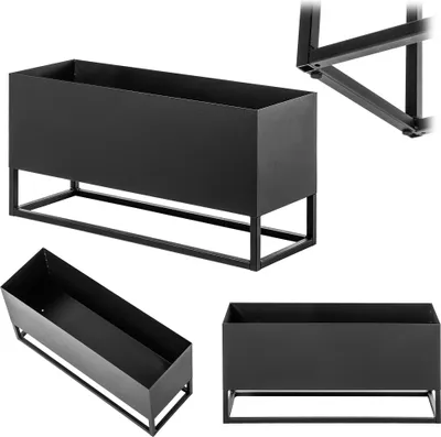 A collage of images showing a black rectangular planter box from different angles, including a close-up of its frame.