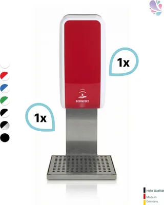 Produktbild von SET: Desinfektionsspender SENSOR, berührungslos Blanc Cosmos versch. Farben+Edelstahlhalterung mit Auffangschale : Farbe - Rot / Weiß Farbe: Rot / Weiß