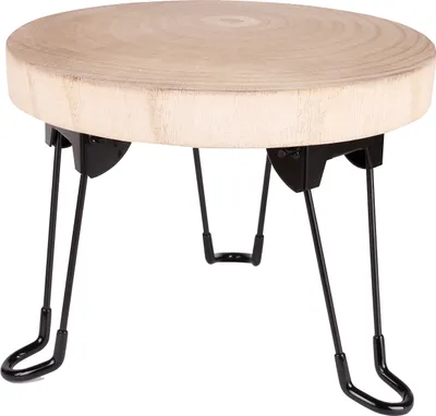 A small, round wooden side table with black folding legs, shown against a white background.
