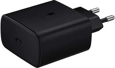 A black Samsung USB-C charger with a lightning bolt symbol and the text 'SUPER FAST CHARGING' visible on its top surface.