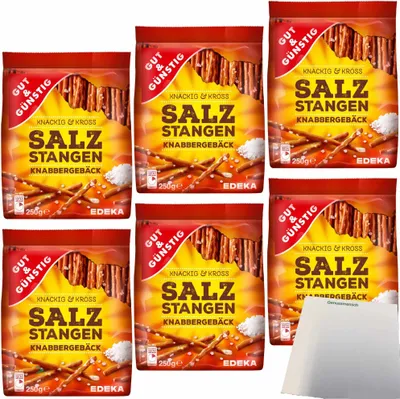 Produktbild von Gut & Günstig Salzstangen Knabbergebäck Knackig & Cross mit Meersalz 6er Pack (6x250g Packung) + usy Block