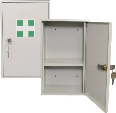 Image de LEOMAR | Armoire à pharmacie | Armoire à pharmacie en tôle d'acier | Verrouillable avec étagère & portes métalliques | Armoire de premiers secours | 2 clés | 12x20x32 cm