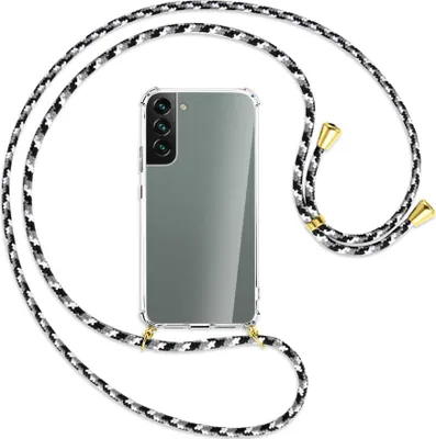 Produktbild von Handykette Backcover-Schutzhülle mit Band (Metall goldfarben) für Samsung Galaxy S22 5G (S901) - schwarz/grau/weiß