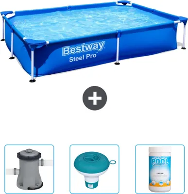 Obrázok produktu pre Obdĺžnikový bazén Bestway Steel Pro - 221 x 150 x 43 cm - modrý - vrátane čerpadla - chlórový plavák - chlór