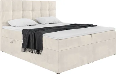 Produktbild von MEBLINI Boxspringbett mit Bettkasten - Gepolstert Doppelbett mit Matratze und Topper - Polsterbett mit Stauraum - Bett mit Kopfteil - Kai - 180x200 - H4/Creme Samt