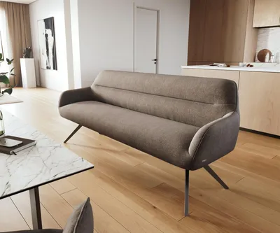 Produktbild von DELIFE Esszimmerbank Taya-Flex 200 cm Strukturstoff Soft Taupe Kreuzgestell kantig Schwarz Taschenfederkern
