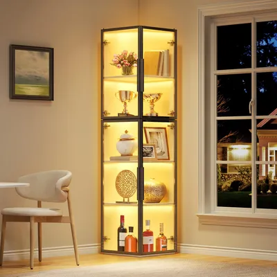 Obrázok produktu pre Úzke vitríny, výška 170 cm, 5 políc, LED osvetlenie, akryl, dvojité dvere, celopriehľadné, určené na prezentáciu (biela)