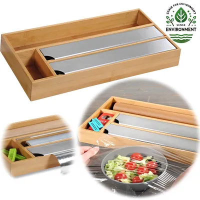 Produktbild von LS-LebenStil 4-fach Holz Folienspender Bambus Schubladen Alufolienspender Folienschneider Alufolie Alufolien-Spender Frischhaltefolie Folienabroller