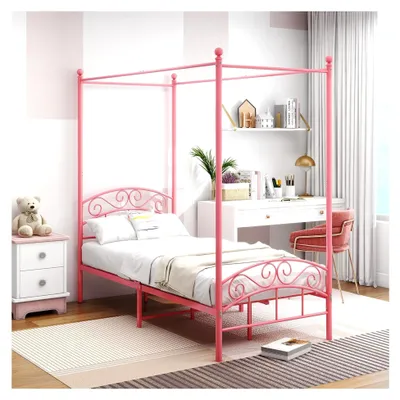 Produktbild von Himmelbett Bettgestell Doppelbett Metall Bettrahmen Lattenrost Schlafzimmerbett Möbel Ehebett Rosa 90x200cm