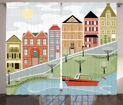 Produktbild von ABAKUHAUS Karikatur Rustikaler Vorhang, Malerische Dorfstraße, Wohnzimmer Universalband Gardinen mit Schlaufen und Haken, 280 x 260 cm, Grüner Knickente
