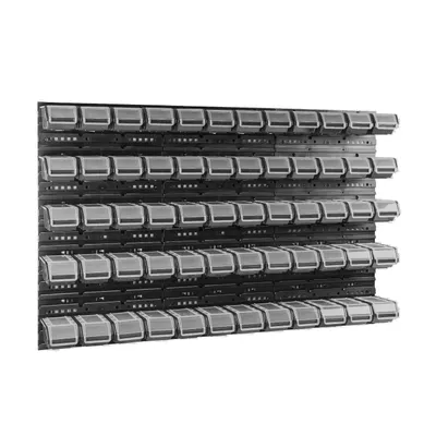 A wall-mounted storage system with multiple rows of small bins.