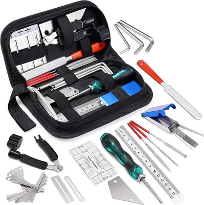 Obrázek produktu pro 25dílná sada Gitarrenreparatur-Werkzeugset s DIY-Feilen, Saitenschneider, Griffbrettschutz und Aufbewahrungstasche