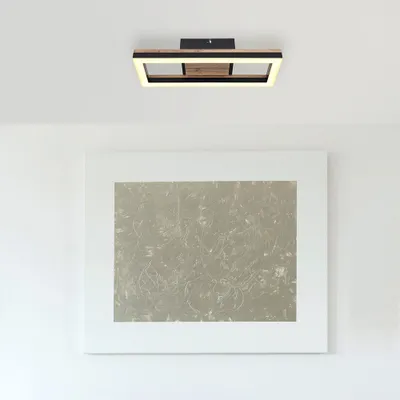 A modern ceiling light fixture with a rectangular frame, featuring wood and black accents, mounted on a white ceiling above a framed abstract artwork.