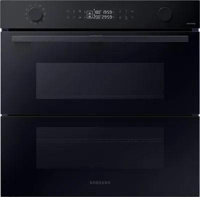 A front view of a black Samsung built-in oven with two compartments.