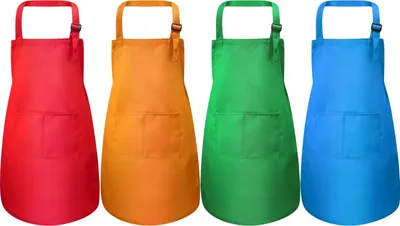 Produktbild von 4 Stücke Kinderschürze mit Tasche Kinder Verstellbare Kochschürze zum Kochen Backen Malerei (Grün, Orange, Rot, Blau M für 7-13 Jahre)
